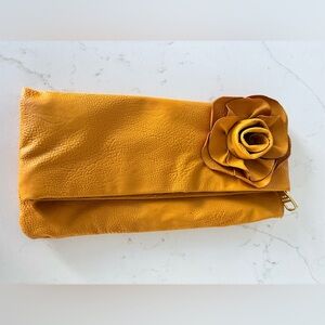 Steve Madden Mustard Yellow Faux Leather 3D Floral Accented Rose Foldover Clutch